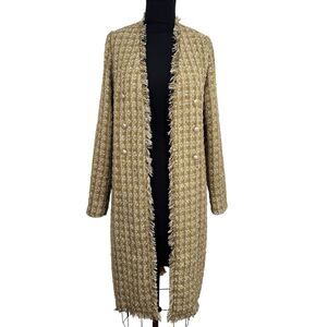 Elie Tahari Long Tweed Boucle Fringe Jacket M Gold Crest Old Money Uptown Chic